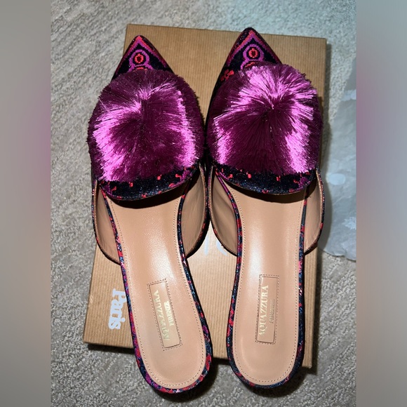Size 41 - Aquazzura Powder Puff Pompom embellished Metallic Jacquard Mules - Picture 8 of 15